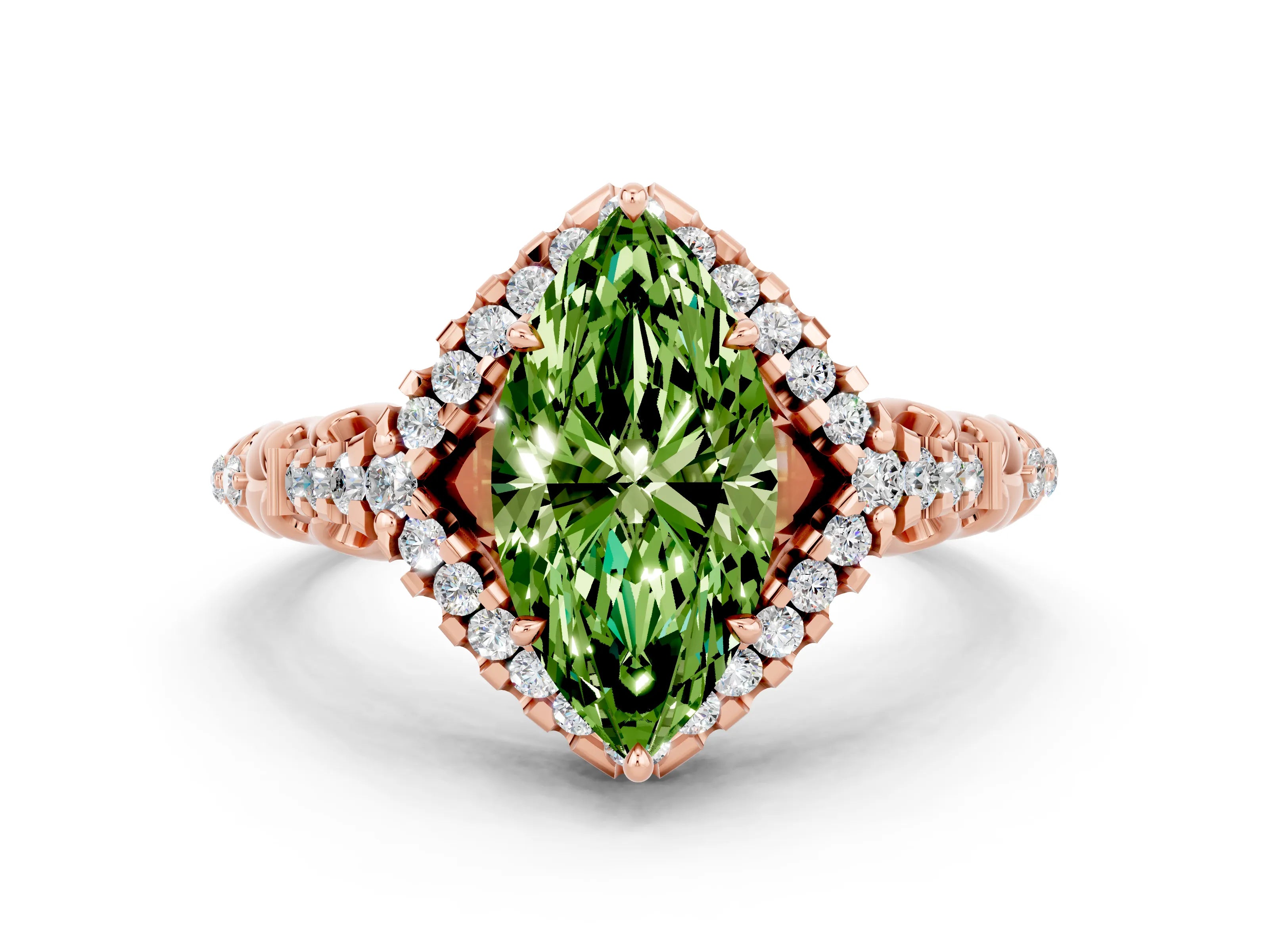 Rose gold Marquise Cut Peridot Solitaire Ring with Hidden Halo and Pavé Band_12