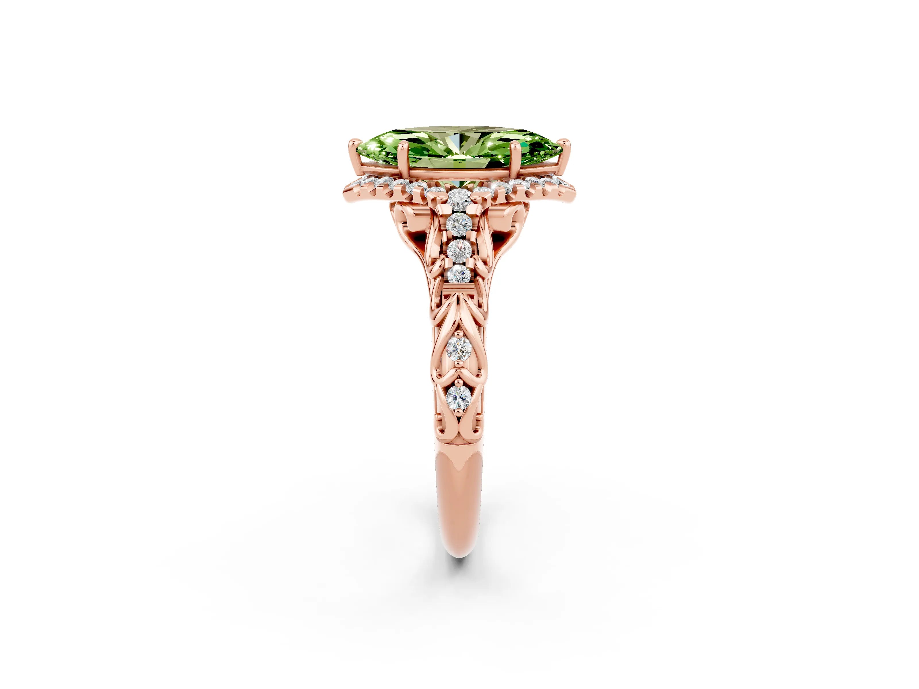 Rose gold Marquise Cut Peridot Solitaire Ring with Hidden Halo and Pavé Band_14