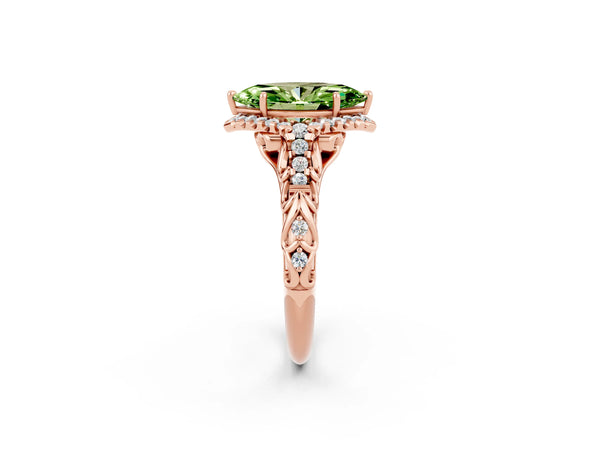 Rose gold Marquise Cut Peridot Solitaire Ring with Hidden Halo and Pavé Band