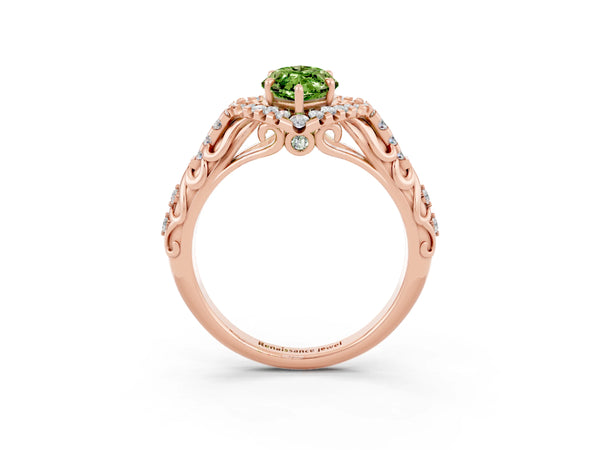 Rose gold Marquise Cut Peridot Solitaire Ring with Hidden Halo and Pavé Band