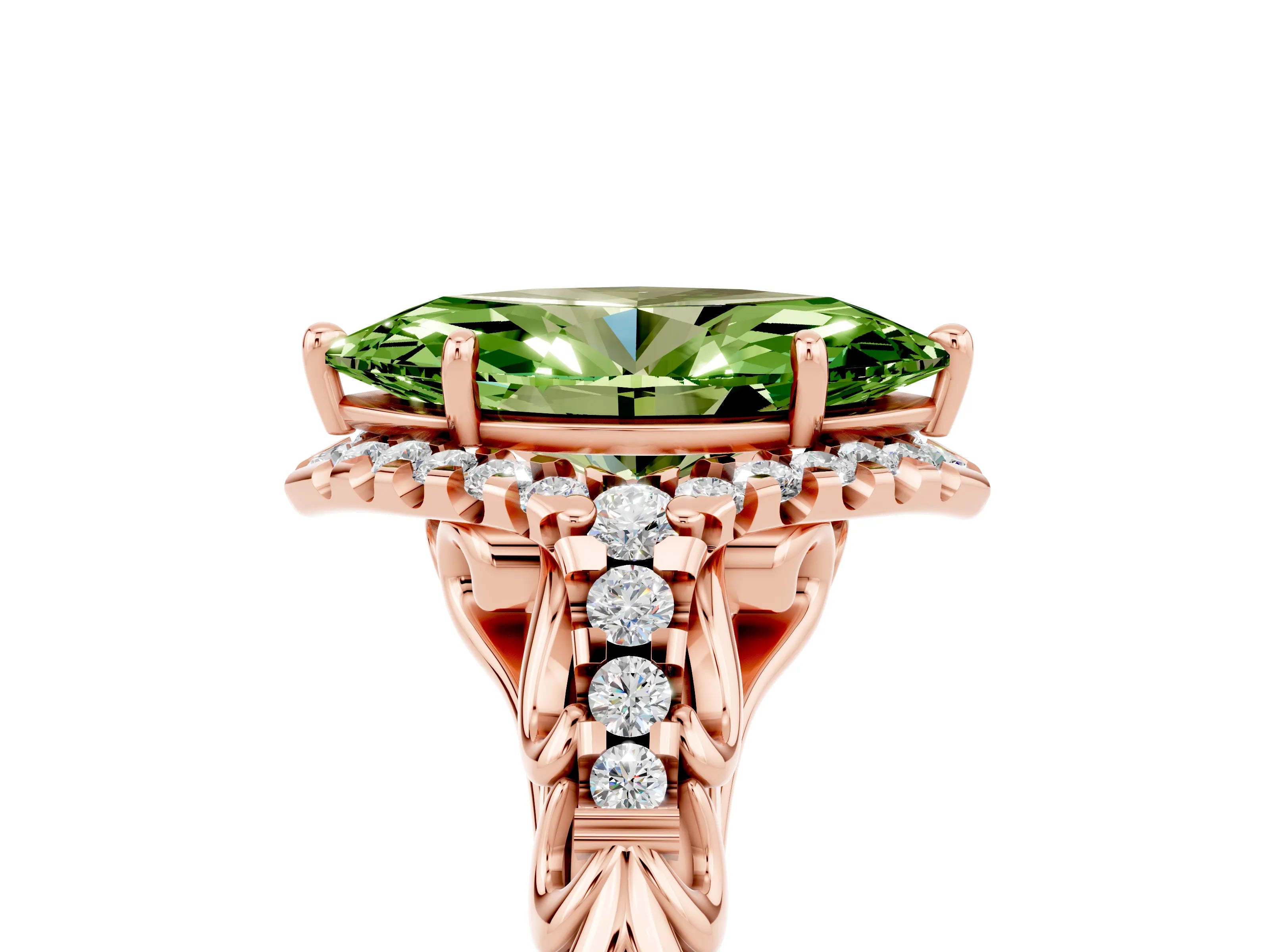Rose gold Marquise Cut Peridot Solitaire Ring with Hidden Halo and Pavé Band_17