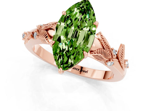 Rose gold Marquise Cut Peridot Solitaire Ring with Leaf Motif Band and Four-Prong Setting_1