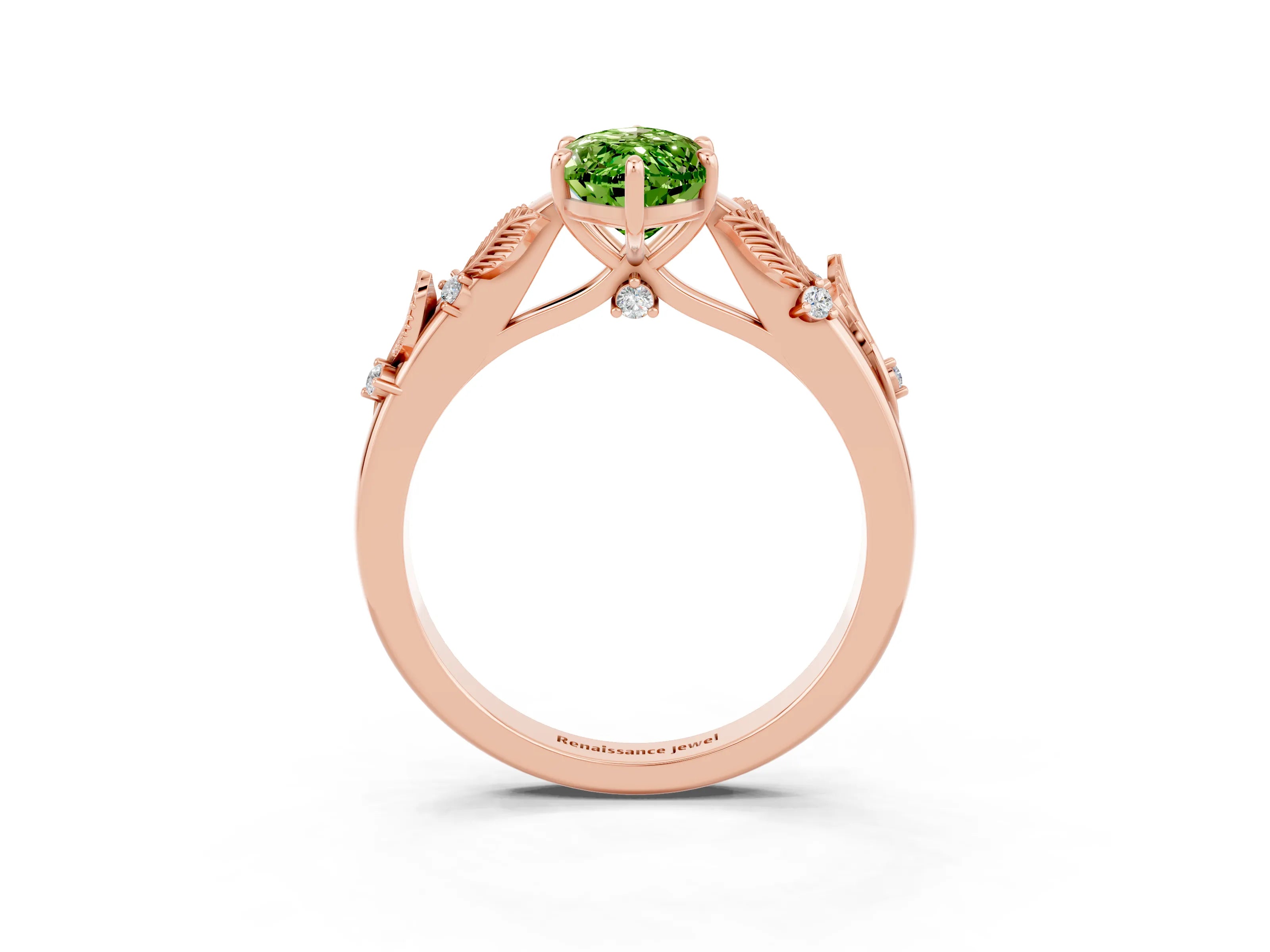 Rose gold Marquise Cut Peridot Solitaire Ring with Leaf Motif Band and Four-Prong Setting_3