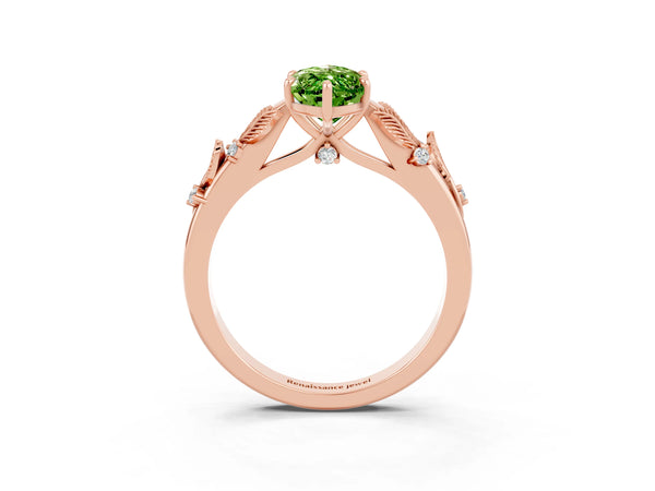 Rose gold Marquise Cut Peridot Solitaire Ring with Leaf Motif Band and Four-Prong Setting