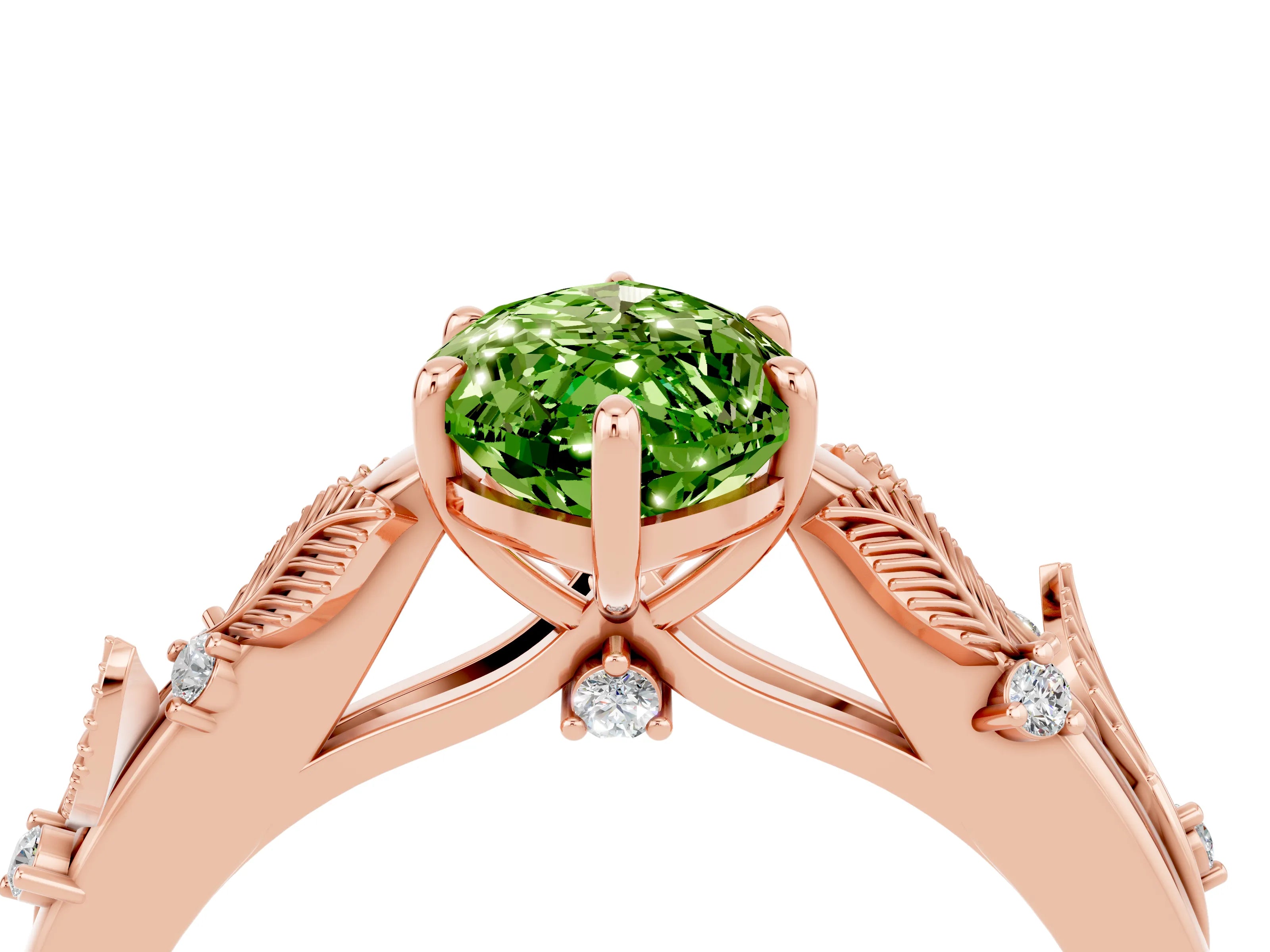 Rose gold Marquise Cut Peridot Solitaire Ring with Leaf Motif Band and Four-Prong Setting_4