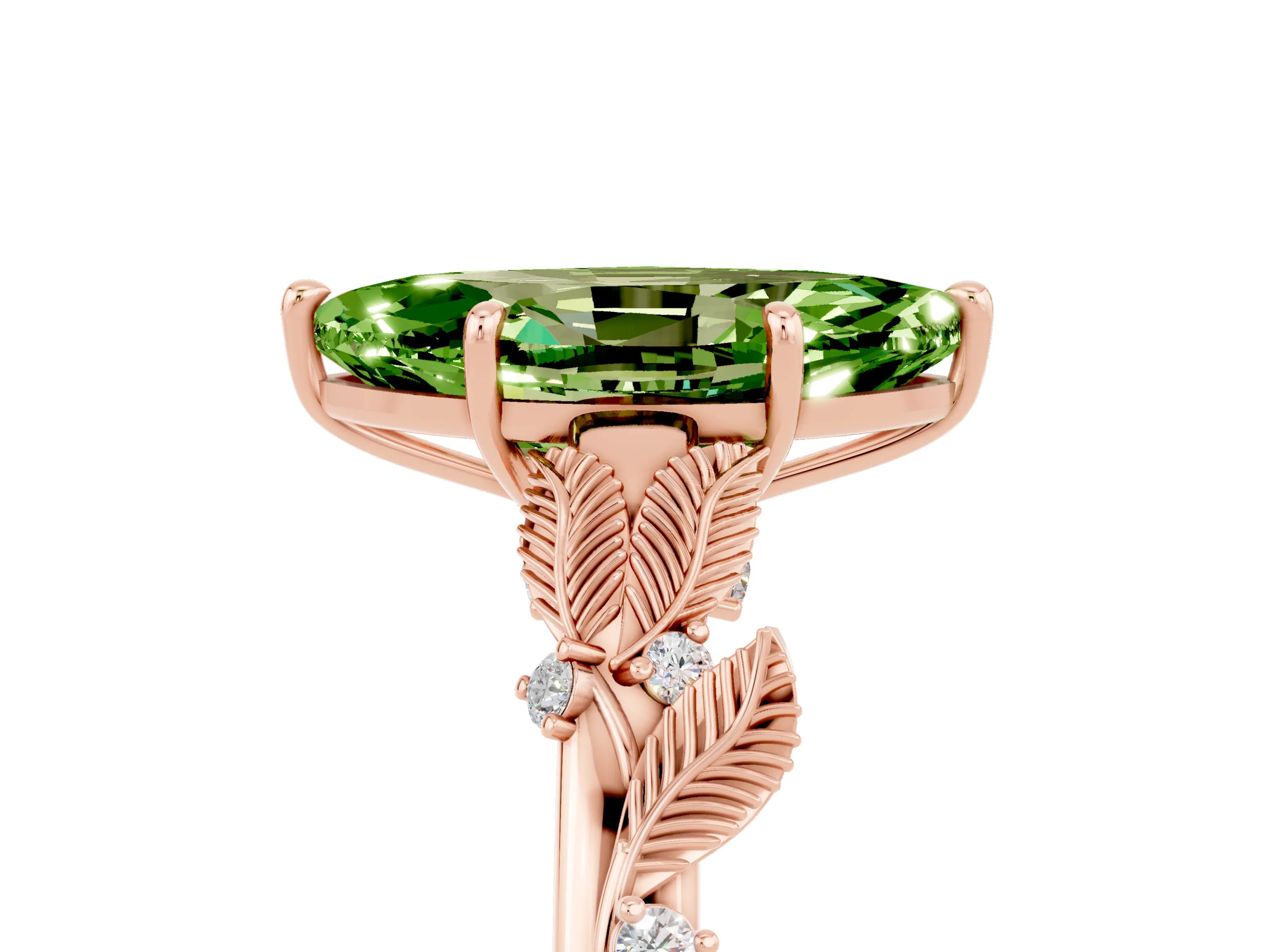 Rose gold Marquise Cut Peridot Solitaire Ring with Leaf Motif Band and Four-Prong Setting_5