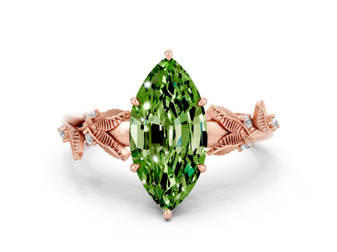 Rose gold Marquise Cut Peridot Solitaire Ring with Leaf Motif Band and Four-Prong Setting