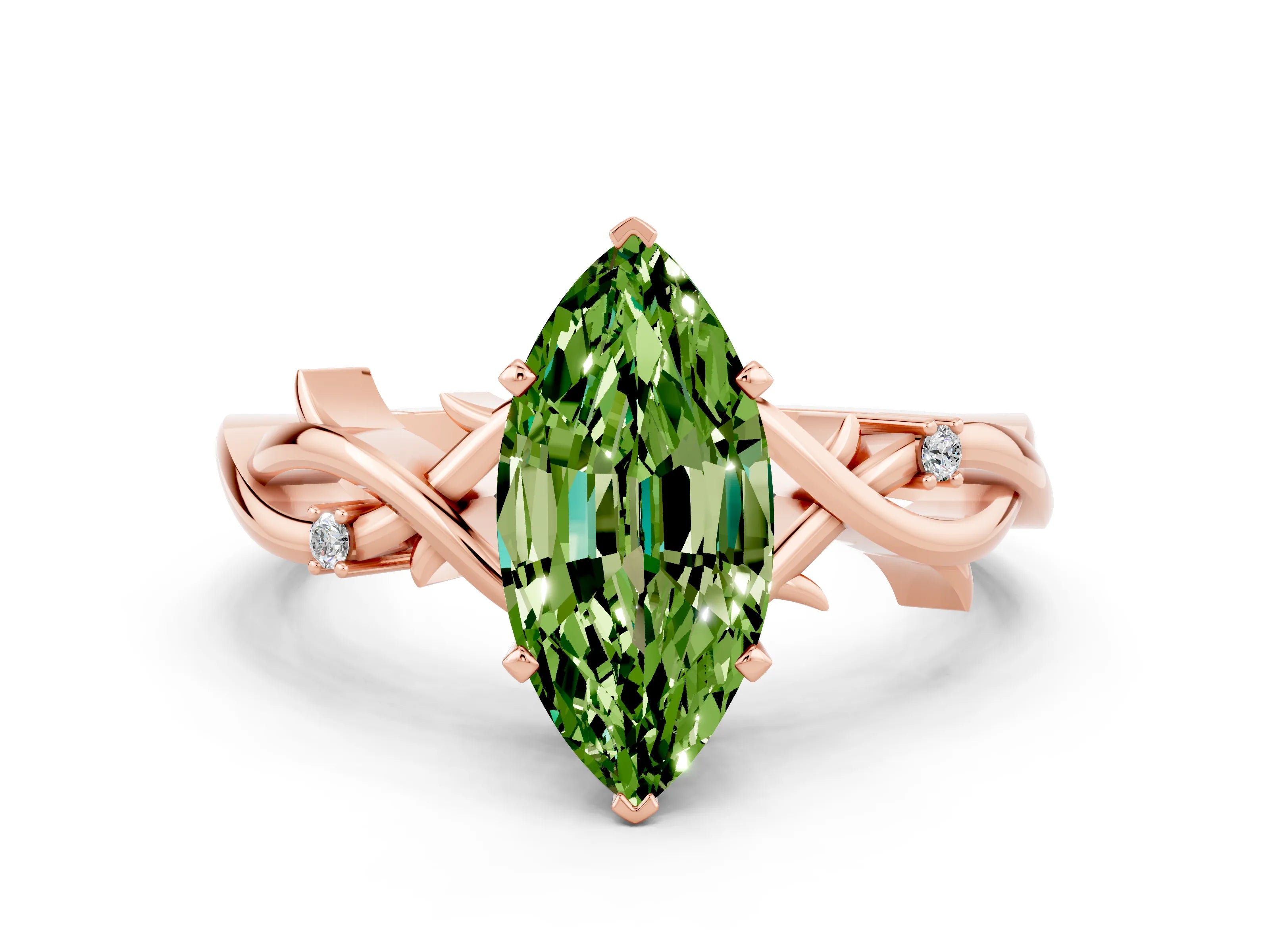 Rose gold Marquise Cut Peridot Solitaire Ring with Milgrain Pavé Band and Four-Prong Setting_12