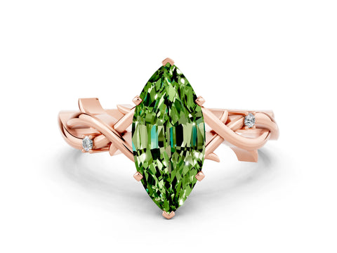 Rose gold Marquise Cut Peridot Solitaire Ring with Milgrain Pavé Band and Four-Prong Setting_12