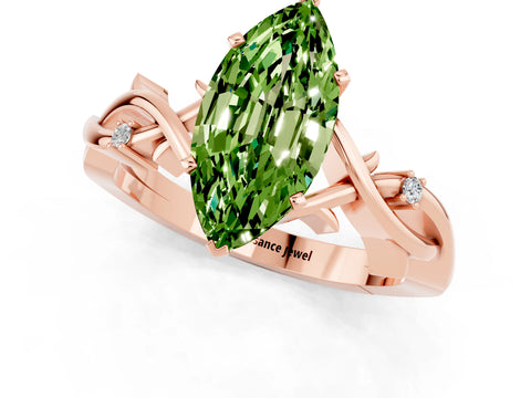 Rose gold Marquise Cut Peridot Solitaire Ring with Milgrain Pavé Band and Four-Prong Setting_13