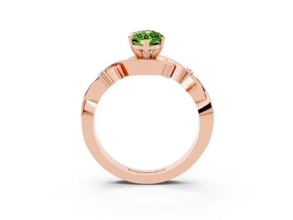 Rose gold Marquise Cut Peridot Solitaire Ring with Milgrain Pavé Band and Four-Prong Setting