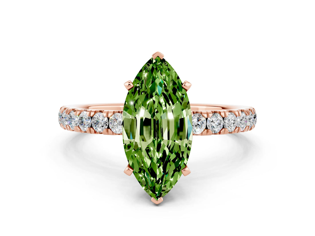 Rose gold Marquise Cut Peridot Solitaire Ring with Pavé Accents and Four-Prong Setting