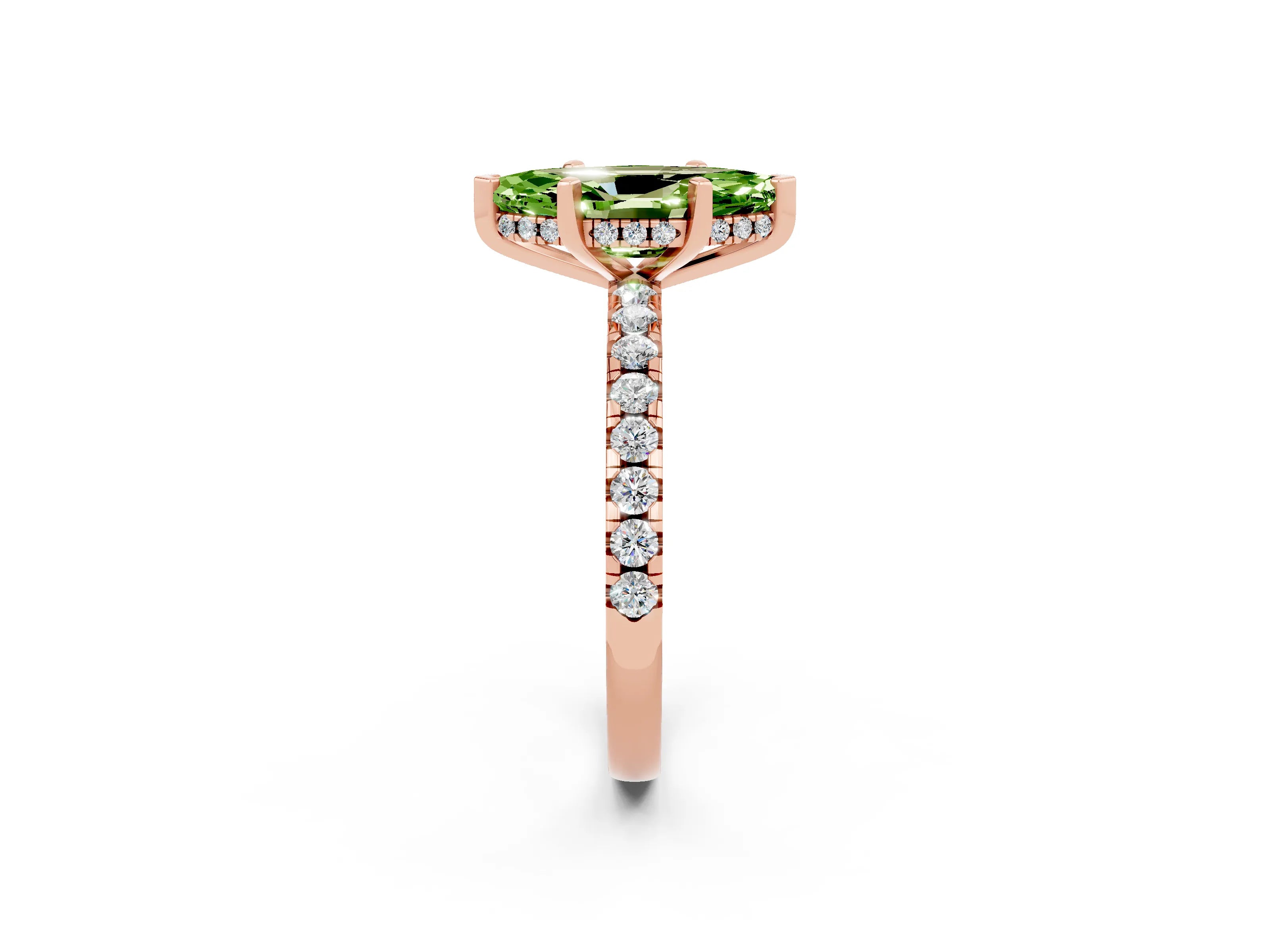 Rose gold Marquise Cut Peridot Solitaire Ring with Pavé Band and Four-Prong Setting_14