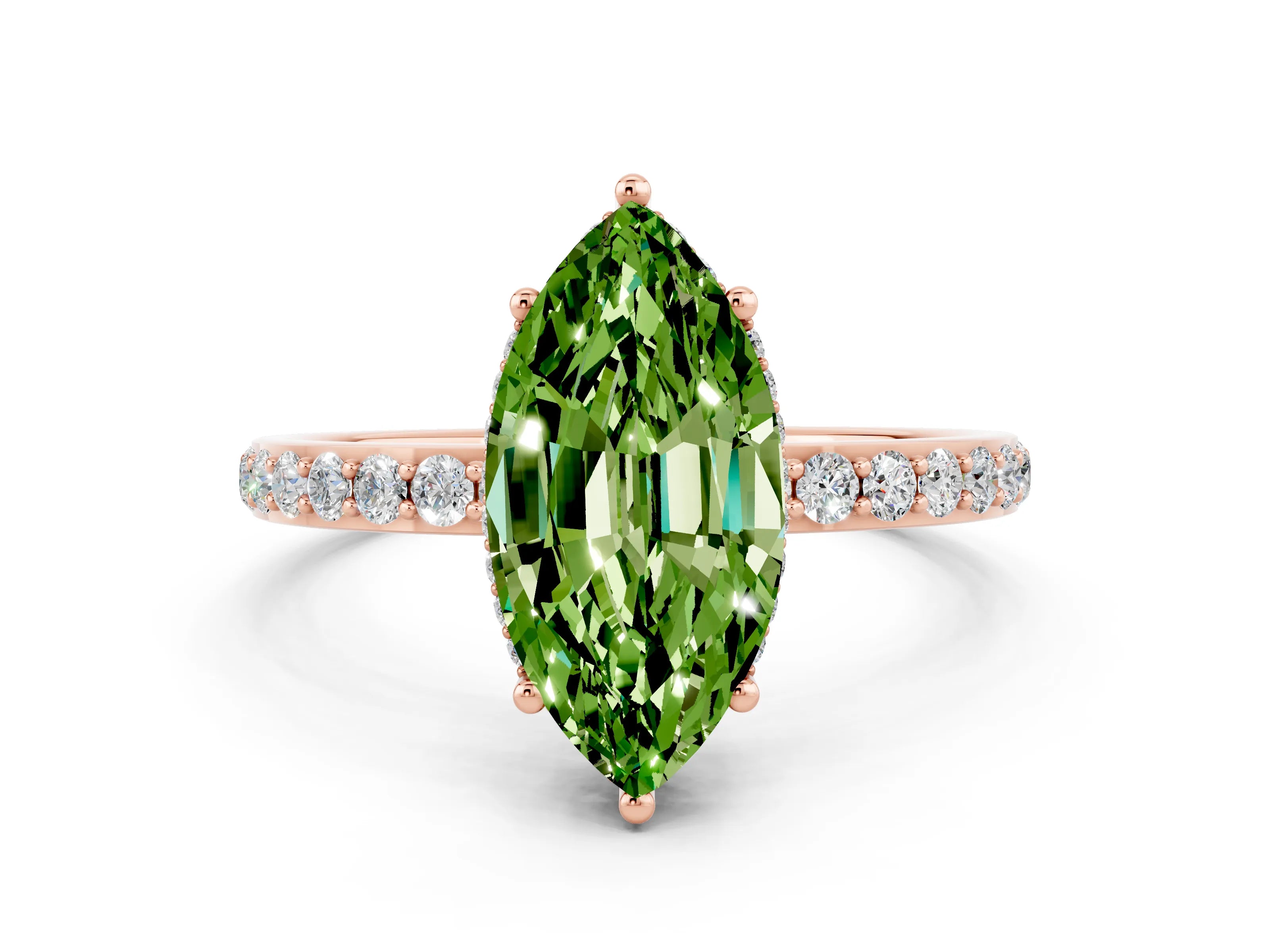 Rose gold Marquise Cut Peridot Solitaire Ring with Pavé Band and Hidden Halo_12