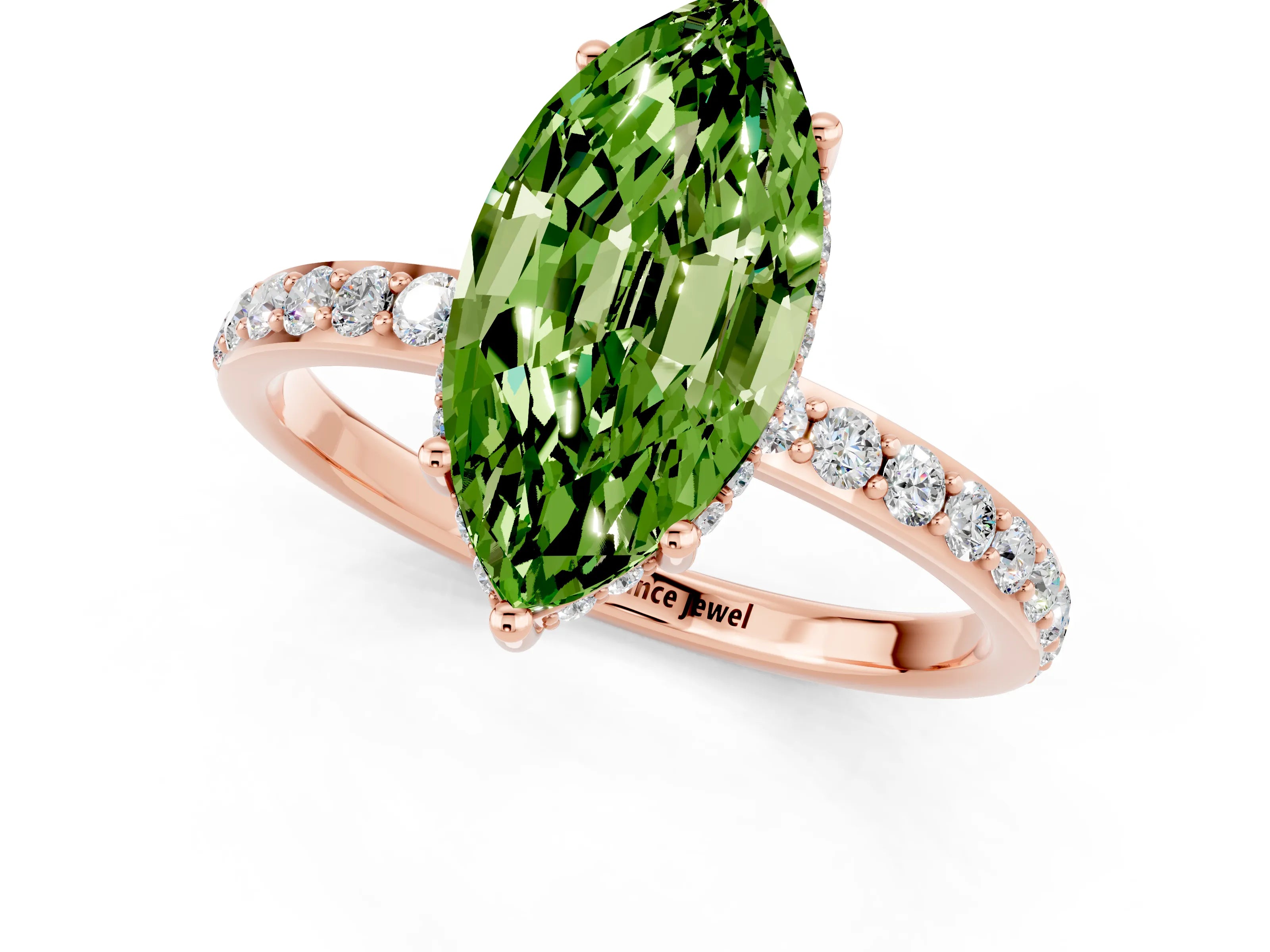Rose gold Marquise Cut Peridot Solitaire Ring with Pavé Band and Hidden Halo_13
