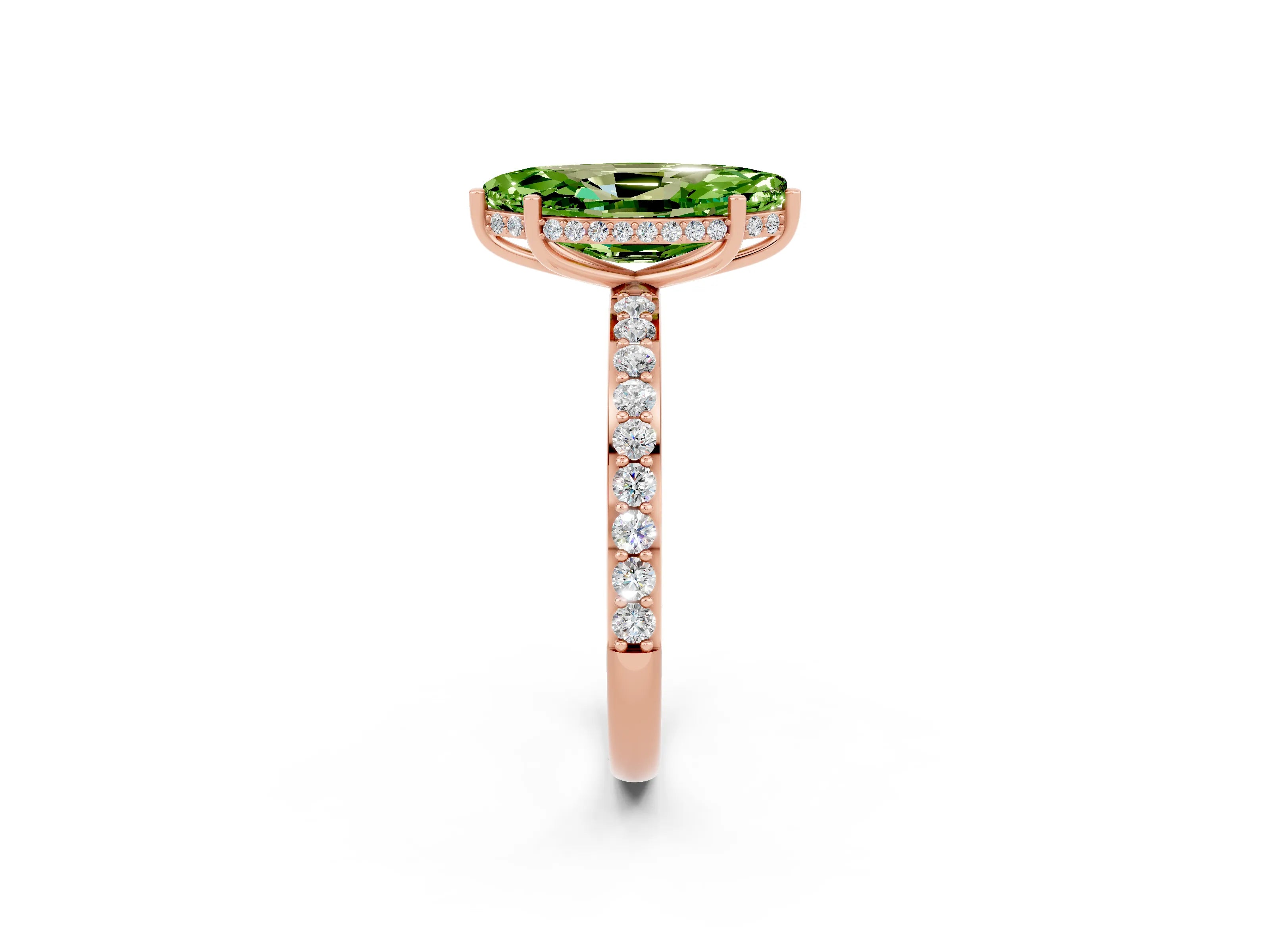 Rose gold Marquise Cut Peridot Solitaire Ring with Pavé Band and Hidden Halo_14