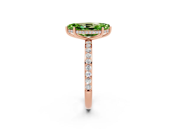 Rose gold Marquise Cut Peridot Solitaire Ring with Pavé Band and Hidden Halo