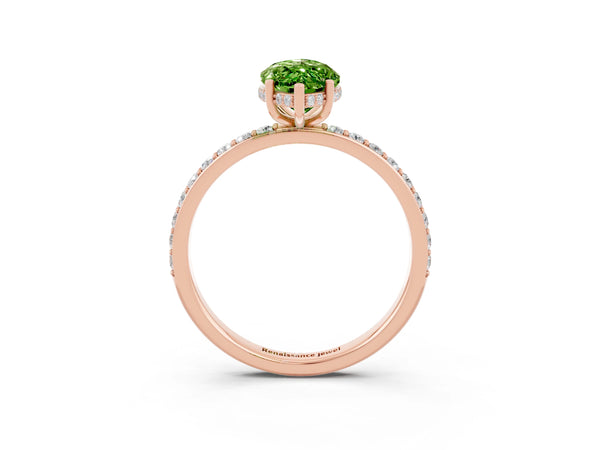 Rose gold Marquise Cut Peridot Solitaire Ring with Pavé Band and Hidden Halo