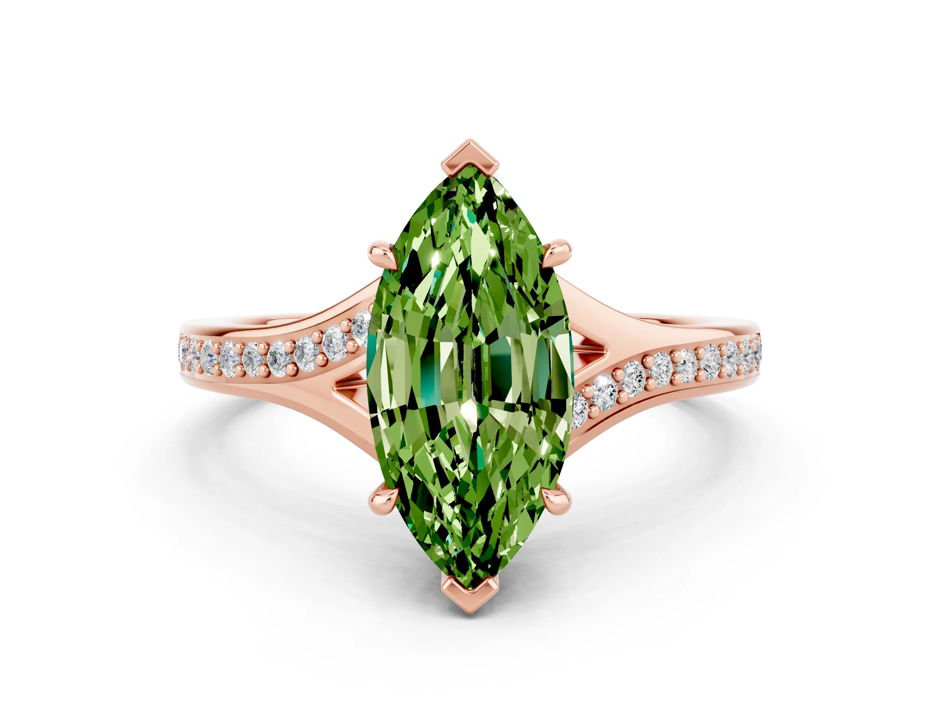 Rose gold Marquise Cut Peridot Solitaire Ring with Pavé Band and Prong Setting
