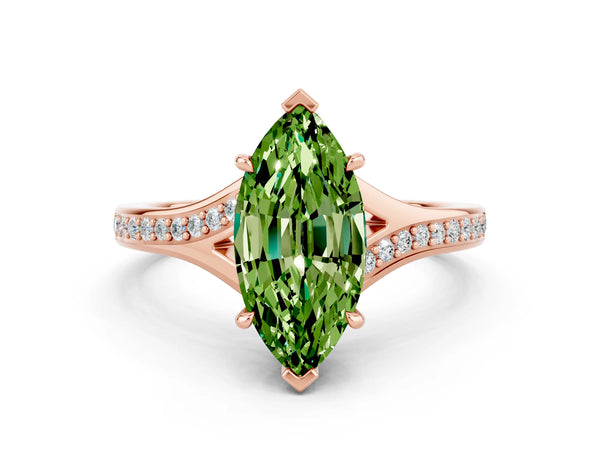 Rose gold Marquise Cut Peridot Solitaire Ring with Pavé Band and Prong Setting