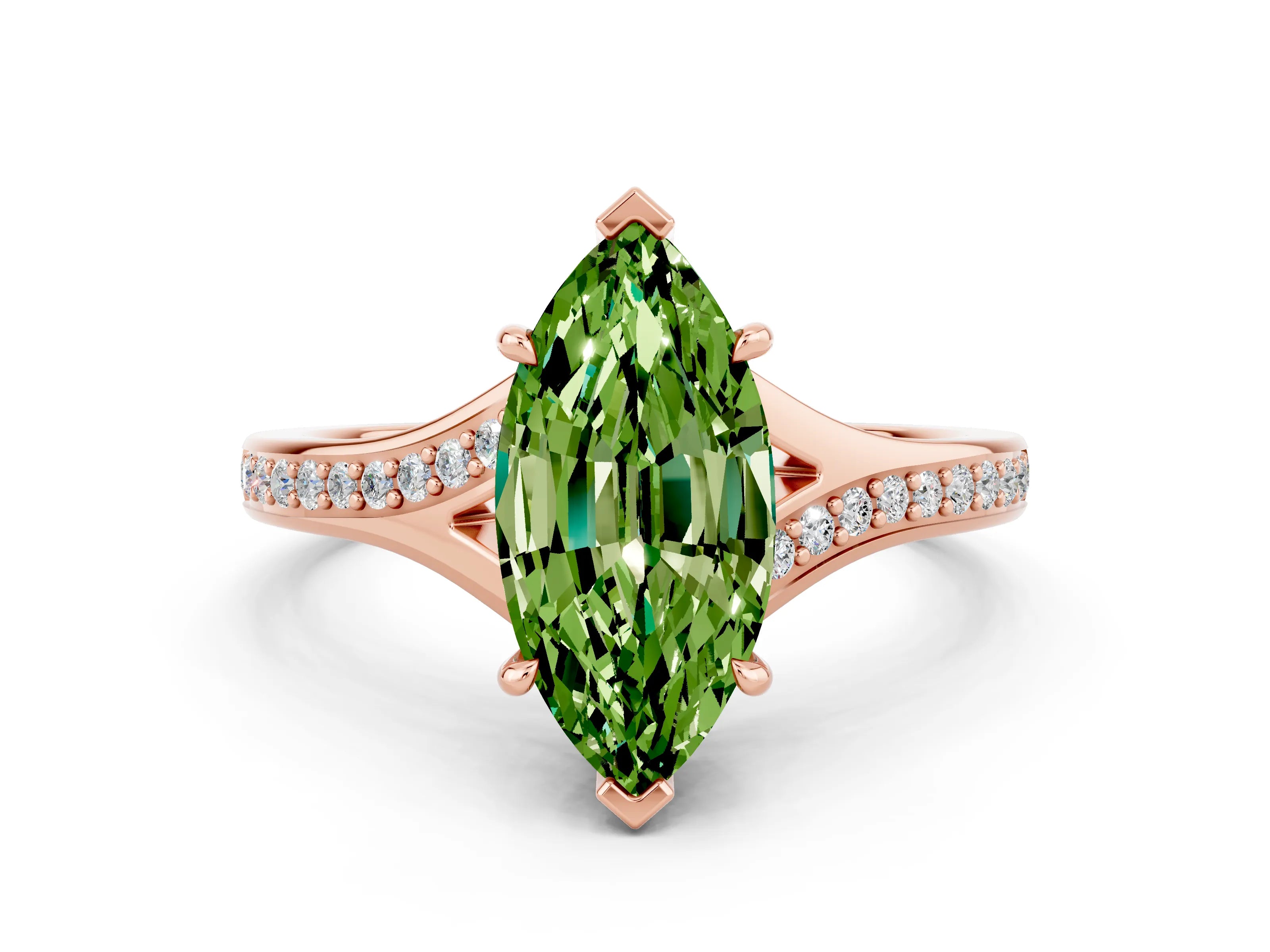 Rose gold Marquise Cut Peridot Solitaire Ring with Pavé Band and Prong Setting_12