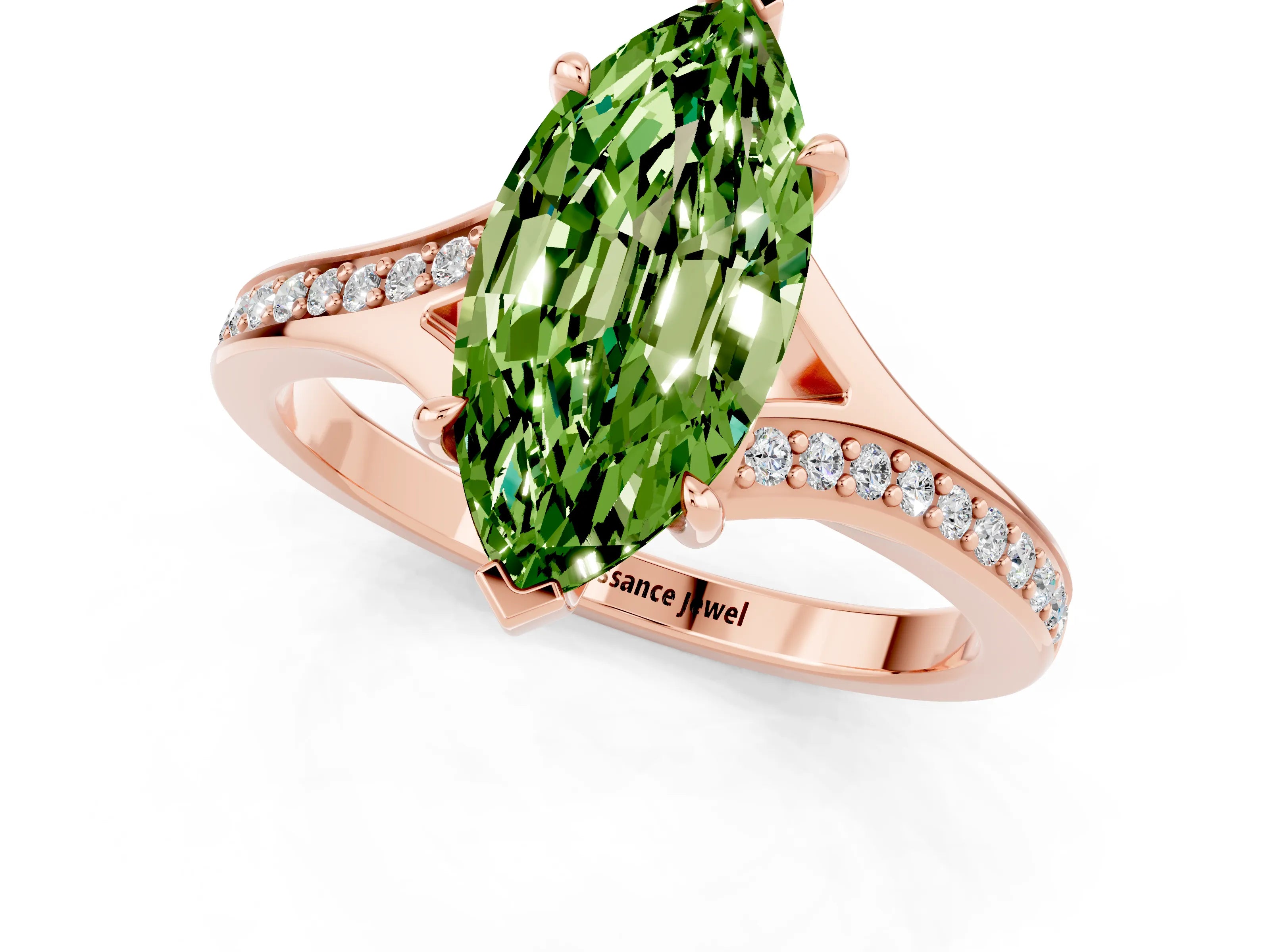 Rose gold Marquise Cut Peridot Solitaire Ring with Pavé Band and Prong Setting_13