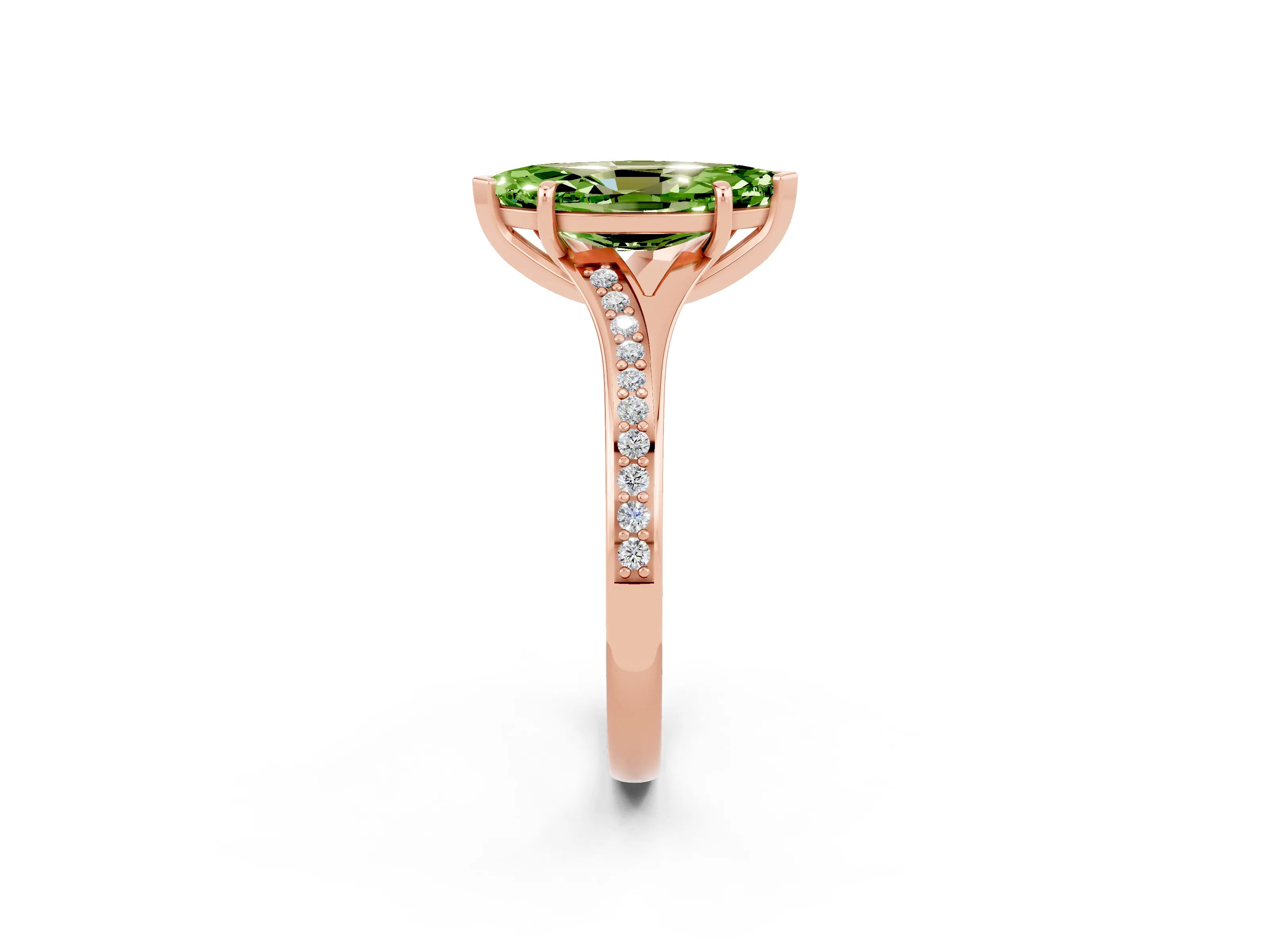 Rose gold Marquise Cut Peridot Solitaire Ring with Pavé Band and Prong Setting_14