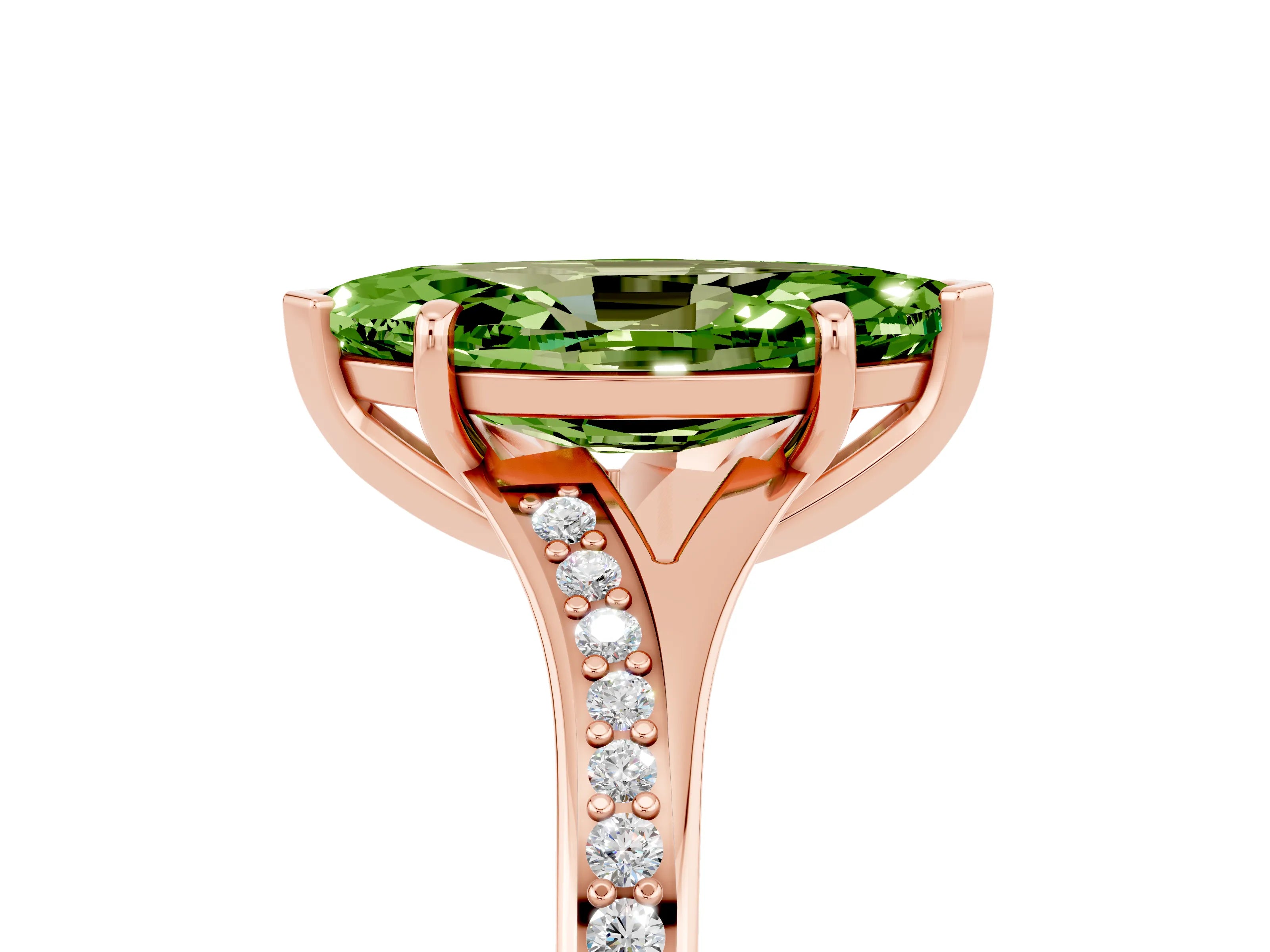 Rose gold Marquise Cut Peridot Solitaire Ring with Pavé Band and Prong Setting_17