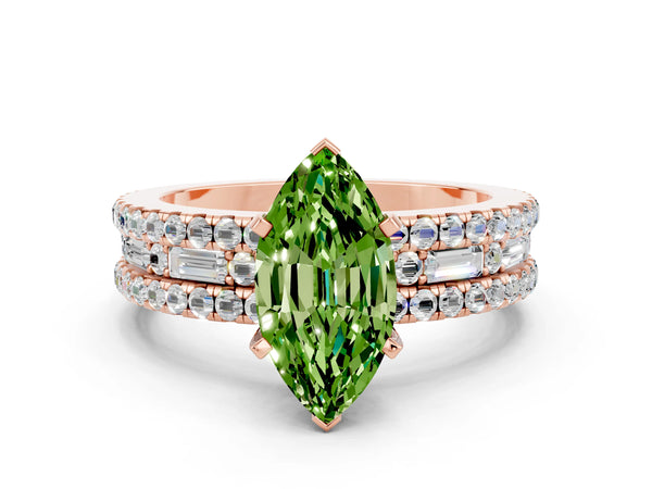 Rose gold Marquise Cut Peridot Solitaire Ring with Pavé and Channel Set Band
