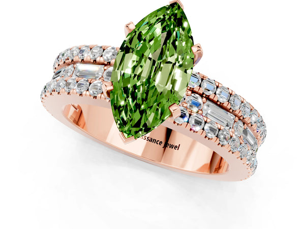 Rose gold Marquise Cut Peridot Solitaire Ring with Pavé and Channel Set Band
