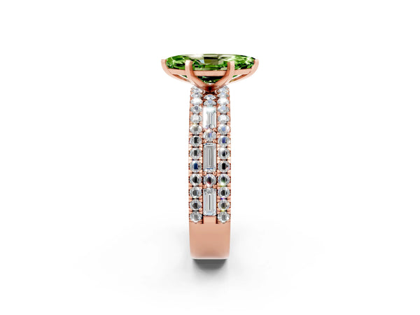 Rose gold Marquise Cut Peridot Solitaire Ring with Pavé and Channel Set Band