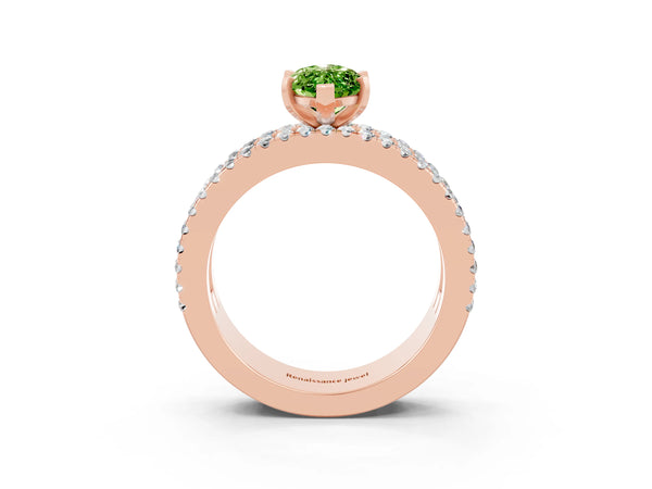 Rose gold Marquise Cut Peridot Solitaire Ring with Pavé and Channel Set Band