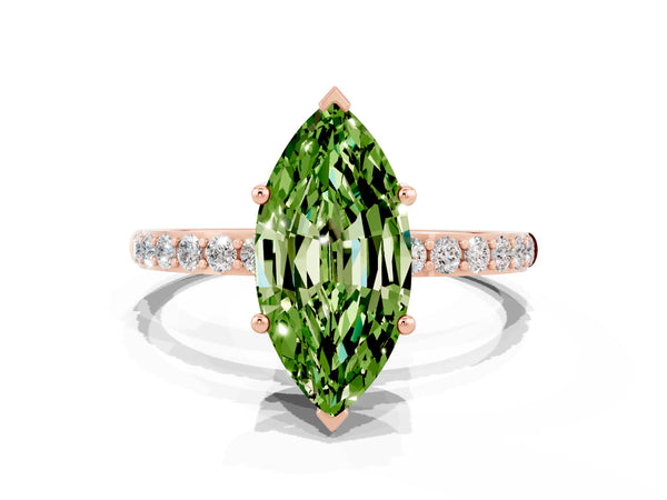 Rose gold Marquise Cut Peridot Solitaire Ring with Round  Pavé Band and Prong Setting