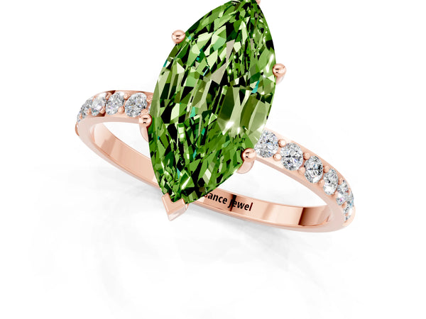 Rose gold Marquise Cut Peridot Solitaire Ring with Round  Pavé Band and Prong Setting