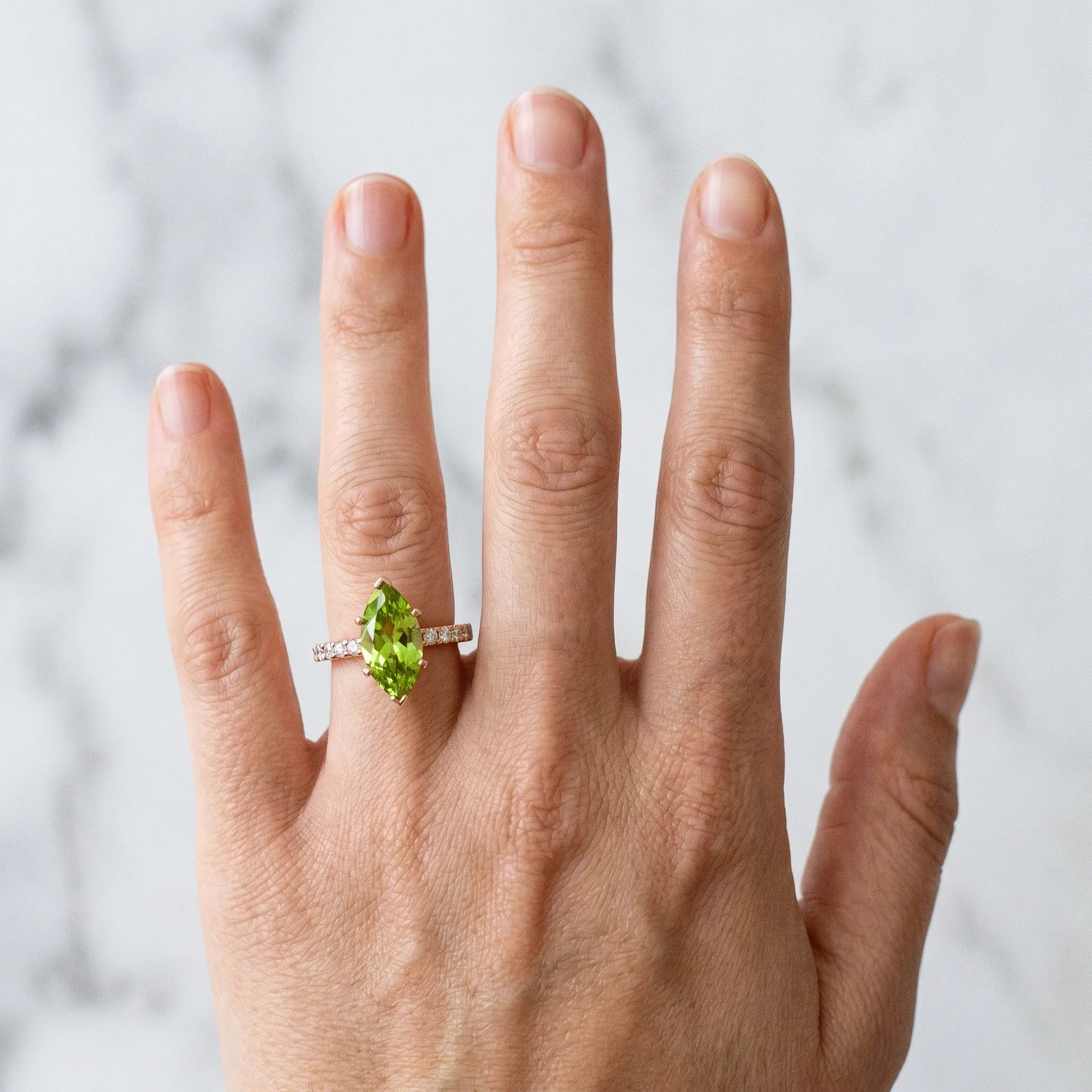 Rose gold Marquise Cut Peridot Solitaire Ring with Round  Pavé Band and Four-Prong Setting_30