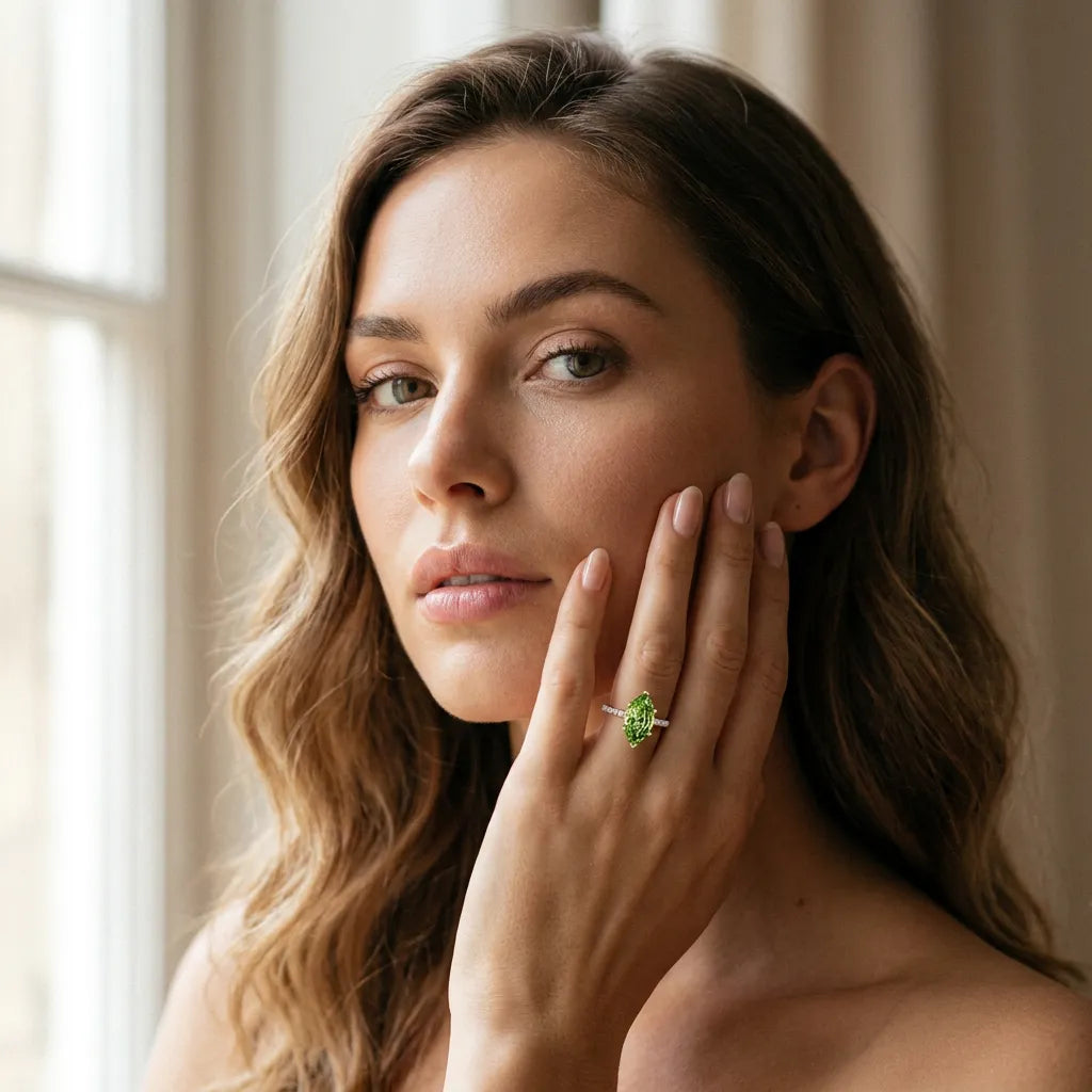 Rose gold Marquise Cut Peridot Solitaire Ring with Round  Pavé Band and Four-Prong Setting_31
