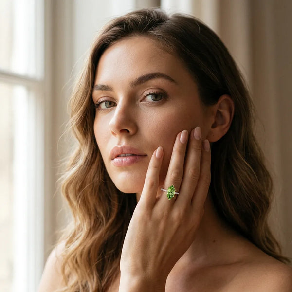 Rose gold Marquise Cut Peridot Solitaire Ring with Round  Pavé Band and Four-Prong Setting