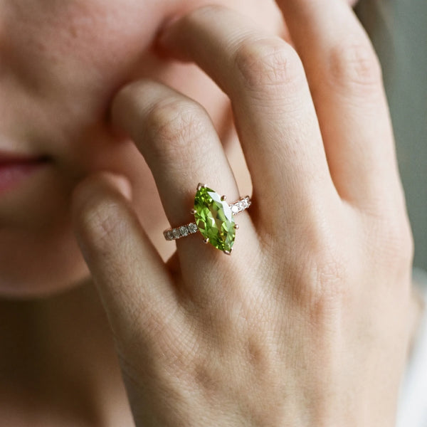 Rose gold Marquise Cut Peridot Solitaire Ring with Round  Pavé Band and Four-Prong Setting