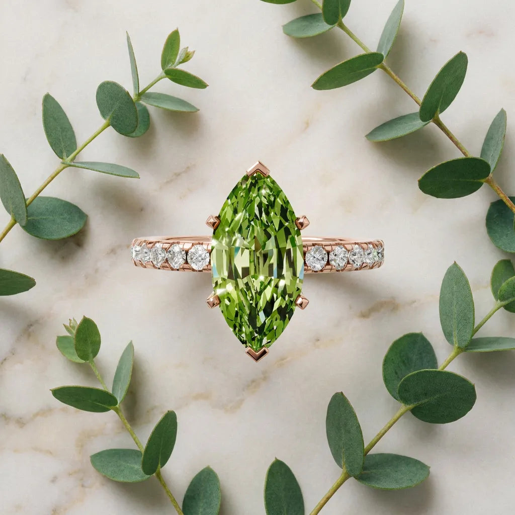 Rose gold Marquise Cut Peridot Solitaire Ring with Round  Pavé Band and Four-Prong Setting_33