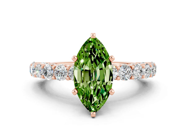 Rose gold Marquise Cut Peridot Solitaire Ring with Shared Prong Pavé Band and Four-Prong Setting