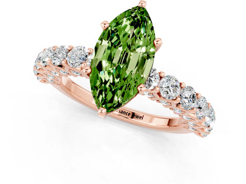 Rose gold Marquise Cut Peridot Solitaire Ring with Shared Prong Pavé Band and Four-Prong Setting_1