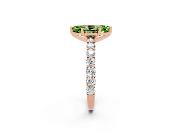 Rose gold Marquise Cut Peridot Solitaire Ring with Shared Prong Pavé Band and Four-Prong Setting