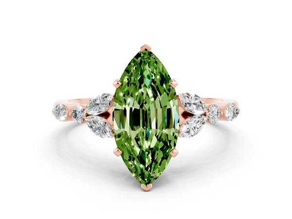 Rose gold Marquise Cut Peridot Solitaire Ring with Side Stones and Four-Prong Setting