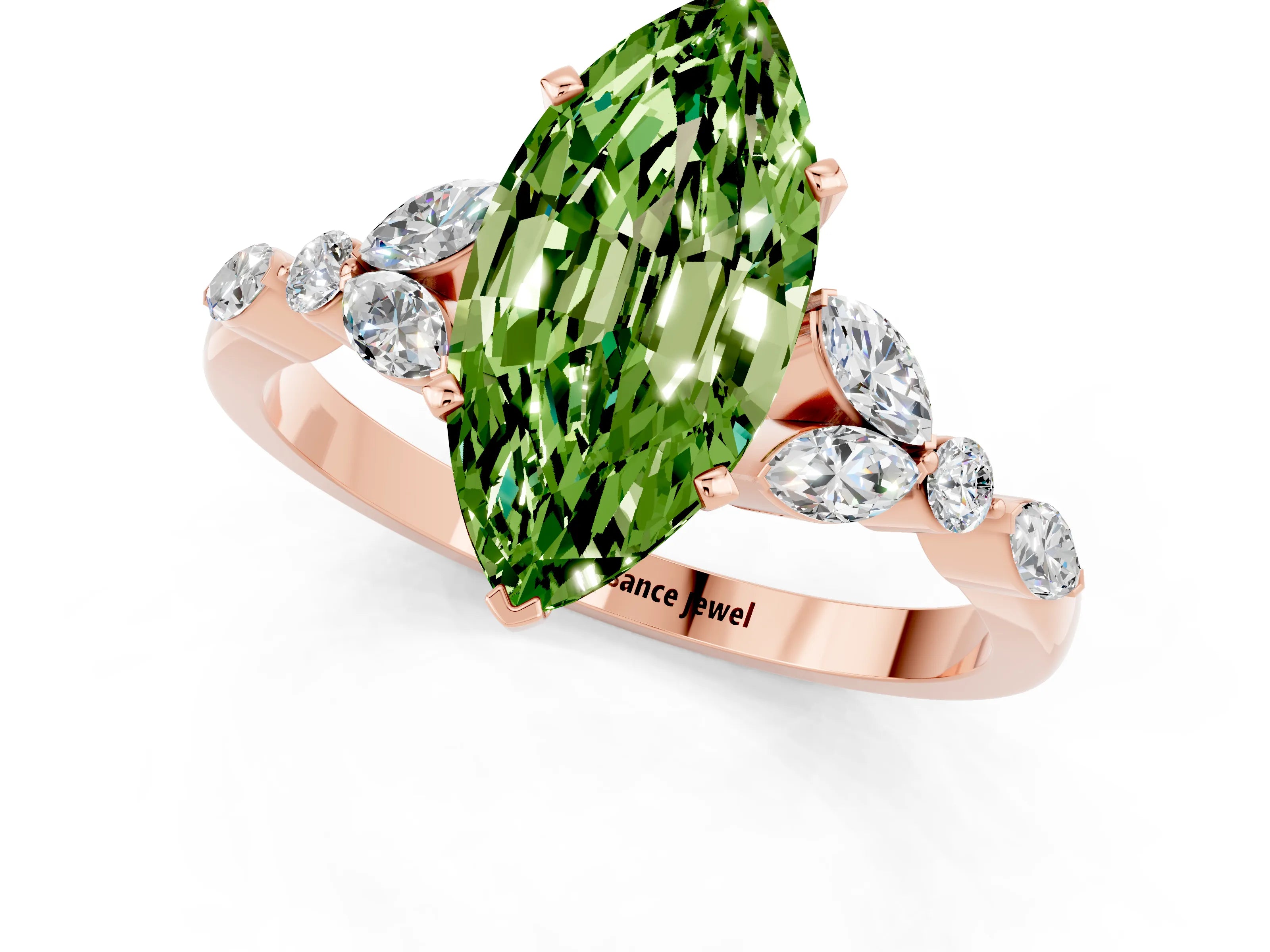Rose gold Marquise Cut Peridot Solitaire Ring with Side Stones and Four-Prong Setting_13