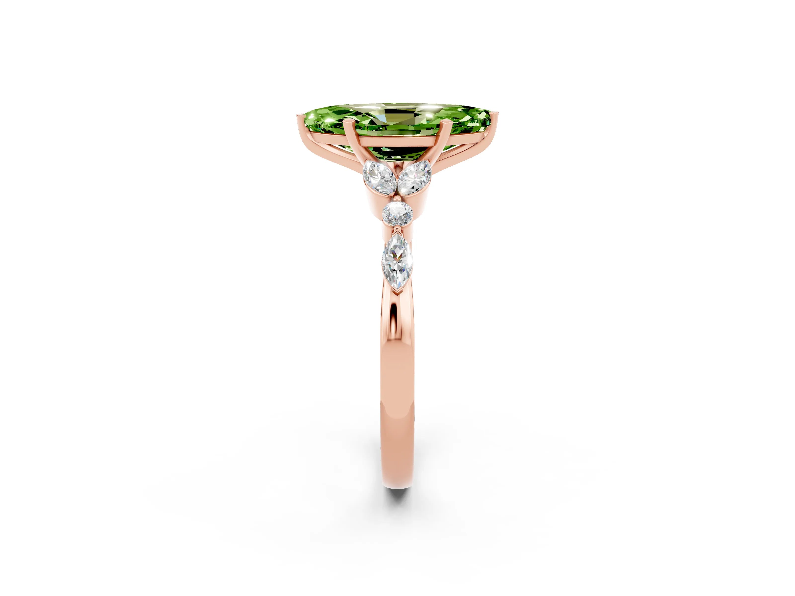 Rose gold Marquise Cut Peridot Solitaire Ring with Side Stones and Four-Prong Setting_14