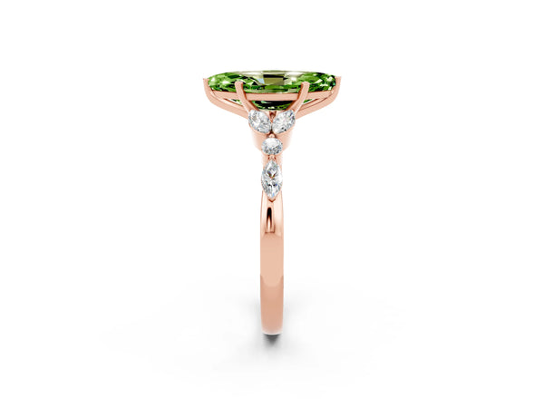 Rose gold Marquise Cut Peridot Solitaire Ring with Side Stones and Four-Prong Setting