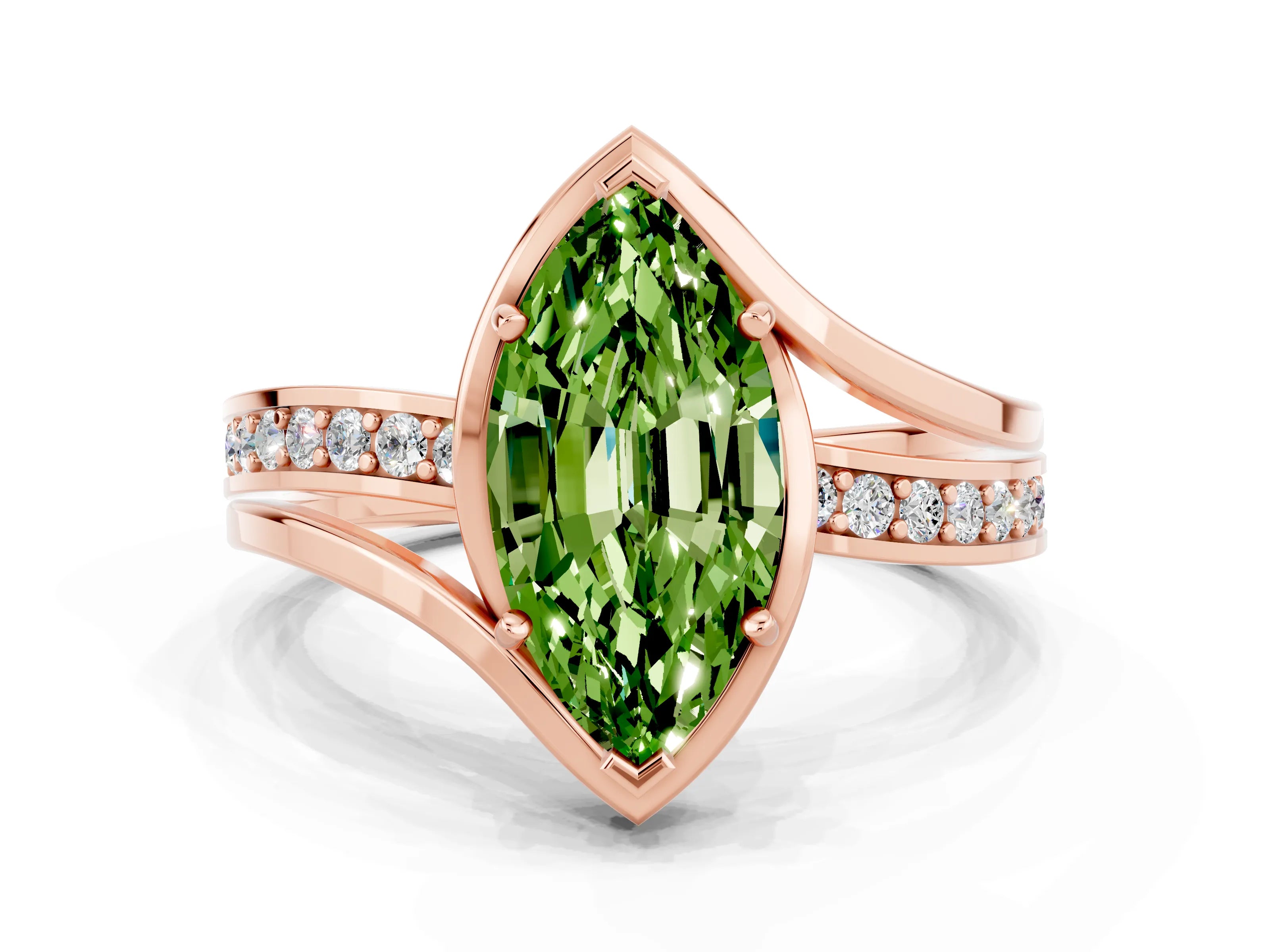 Rose gold Marquise Cut Peridot Solitaire Ring with Split Shank and Prong Setting
