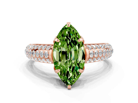 Rose gold Marquise Cut Peridot Solitaire Ring with Three-Row Pavé Band and Four-Prong Setting_12