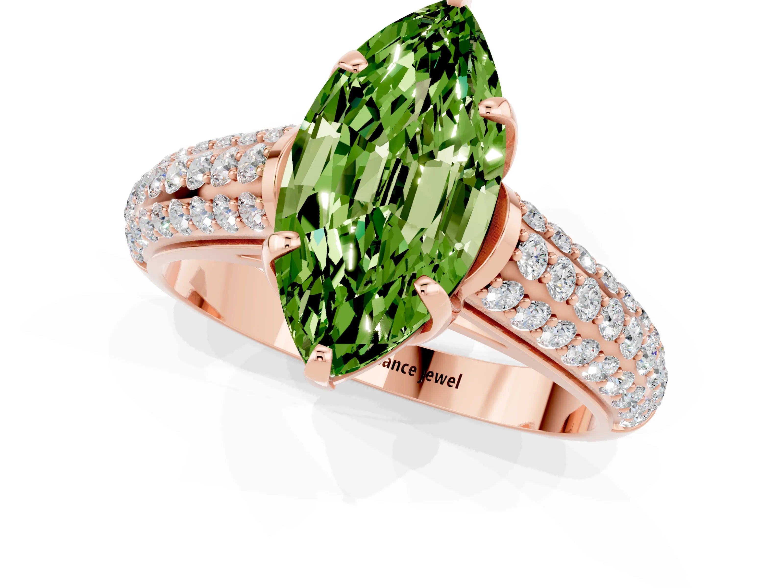 Rose gold Marquise Cut Peridot Solitaire Ring with Three-Row Pavé Band and Four-Prong Setting_13