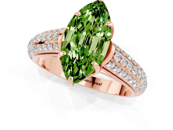 Rose gold Marquise Cut Peridot Solitaire Ring with Three-Row Pavé Band and Four-Prong Setting